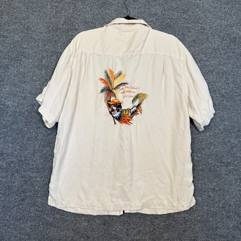 Luau Silk Parrot Shirt Mens Large‎ Cream Button Up Tropical Embroidered Hawaiian